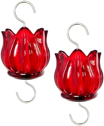 Real Glass Ant Moat for Hummingbird Feeders & Oriole Feeders Glass Tulip Shape Insect Guard with Large Capacity Flower Design Nectar Feeder Accessory Hooks (Red, 2 Pack)