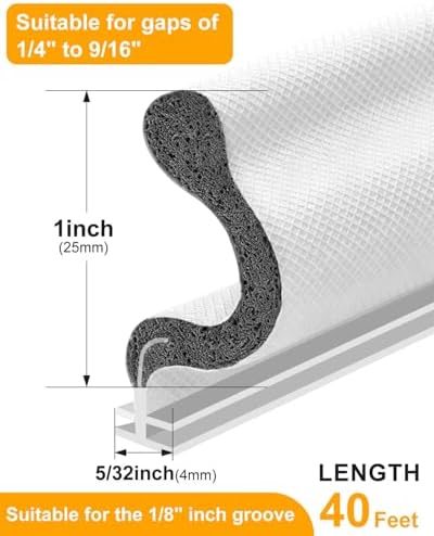 40FT Weather Stripping Door Seal: Sound Proof Draft Blocker Kerf Weather Stripping for Exterior Front Door, Large Gap Seal, Easy to Install (White)
