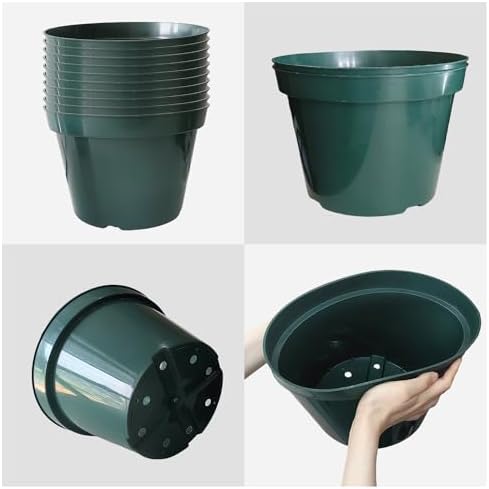 10 Pack Green Plastic Planter Pots, 10 Inch Thick with Multiple Drainage Holes, for Herbs, Strawberries, Flowers - Indoor/Outdoor