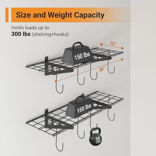 2-Pack 1x3 ft Garage Shelving with 8 Bike Hooks, 300lbs Load, Black