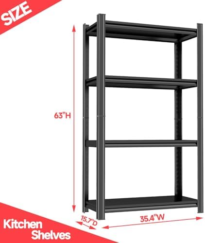 4-Tier Storage Shelves Organizer, Racks for Storage, Adjustable Metal Kitchen Shelving Loads 1600LBS, Portable Closet Shelving Unit, Kitchen Bakers Shelf Microwave Stand on, Black