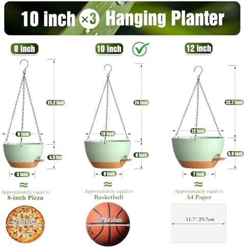 10 Inch Self-Watering Hanging Planters Set of 3 with Saucers