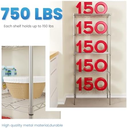 PayLessHere | 5-Tier Wire Shelf | 24"x14"x60" | Chrome | Adjustable Racks | Heavy-Duty Storage Shelves, Holds Upto 750 lbs | Rust-Resistant, No-Tool Assembly | for Home, Garage Shelving