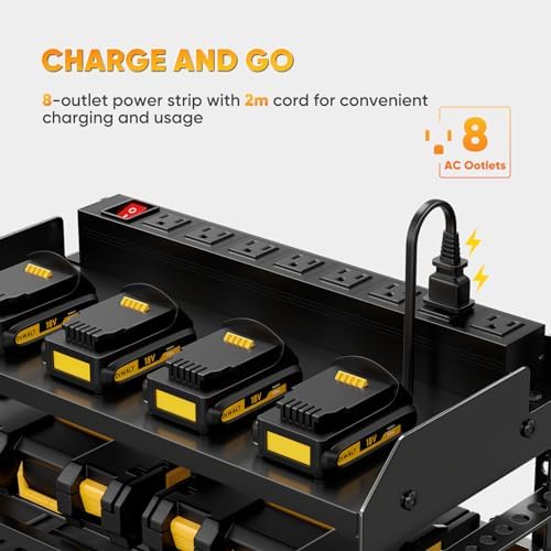 POKIPO Power Tool Organizer Wall Mount with Charging Station,Tool Storage Rack with 8 Outlet Power Strip,Heavy Duty Metal Battery Utility Rack with 4 Cordless Drill Holder 6.56 Ft Cord for Garage