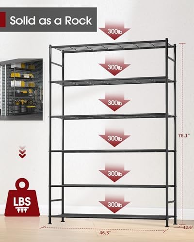 Sakugi Storage Shelves - 6 Tier Shelf Organizer, Heavy Duty Garage Shelving Unit with Leveling Feet, Stable Metal Shelves Organizer for Pantry, Kitchen and Closet, 46.3" W x 12.6" D x 76.1" H, Black