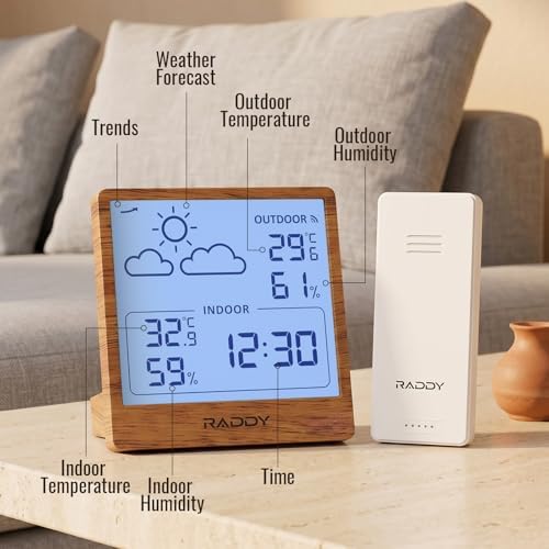 Raddy WF-50T Wireless Weather Station, Dark Wood Frame