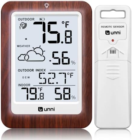 Indoor Outdoor Thermometer Wireless Weather Station, Temperature Humidity Monitor Battery Powered Inside Outside Thermometers with 330ft Range Remote Sensor and Backlight Display（Dark Wood）