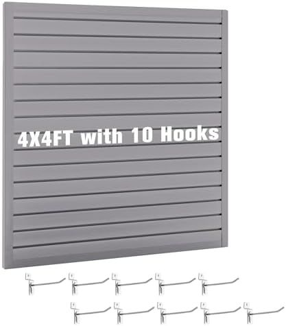 Slatwall Panel Garage Wall Organizer Storage Systems, Wall Mounted PVC Storage Rack with 10 Hooks, Interlocking Workshop Slat Wall Paneling Sheets Board Shelves Tools Organization-Grey (4’H x 4’W)