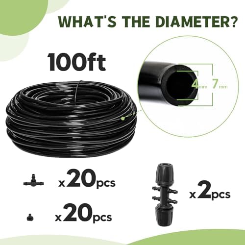 100FT 1/4 Inch Drip Irrigation kit Tubing Distribution Hose Tube for Garden Drip Irrigation System (Includes 2 Pack 6-Way Connector and 20pcs 1/4" Tee Splitters and End Plugs)