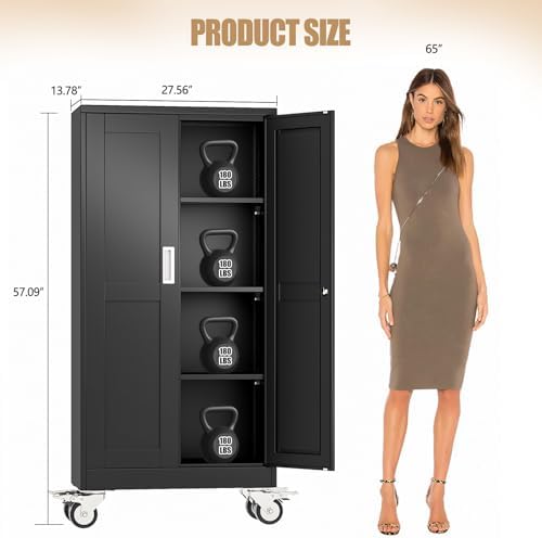 61" H Metal Pantry Storage Locker Cabinet with Wheels,Rolling Kitchen Pantry Cabinet with 2 Doors and 3 Adjustable Shelves, Lockable Steel Garage Tool Cabinet Organization for Home,Gym,School,Black