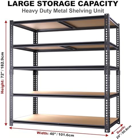 Storage Shelves Unit,40" W 5-Tier Garage Shelving Heavy Duty Metal Adjustable Garage Shelves,Stable Shelves Organizer for Pantry, Kitchen and Basement,40" W x 20" D x 72" H,Black