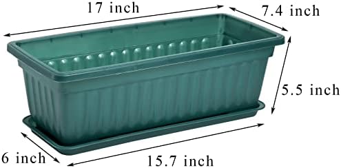 Fasmov 7 Pack 17 Inches Flower Window Box Plastic Vegetable Planters with Trays Vegetables Growing Container Garden Flower Plant Pot with 7 Pcs Plant Labels for Balcony, Patio, Garden, Green