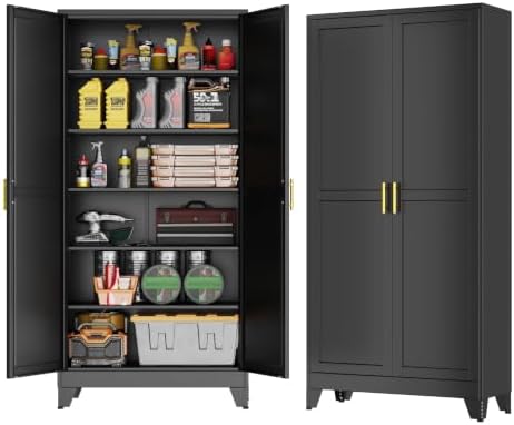 GAIOUS 75'' Tall Metal Garage Storage Cabinet, File Cabinet with 2 Doors and 5 Adjustable Shelves, Black Outdoor Steel Tool Cabinets for Home Office,Warehouse,Garage