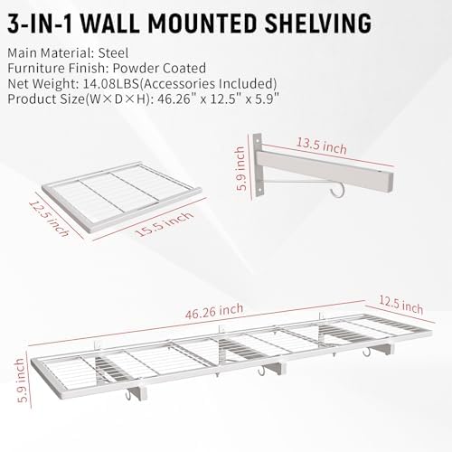 2 Pack Garage Wall Shelving, 46" x 12.5" Heavy Duty Storage Racks, Garage Shelves Wall Mounted with 8 Hooks, 320 LBS Capacity Floating Metal Shelf Organizer for Laundry Room, Basement, Workshop