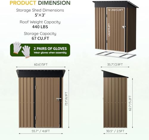 Breezz Vertical Outdoor Steel Storage Shed with Floor Frame, 5 x 3 ft