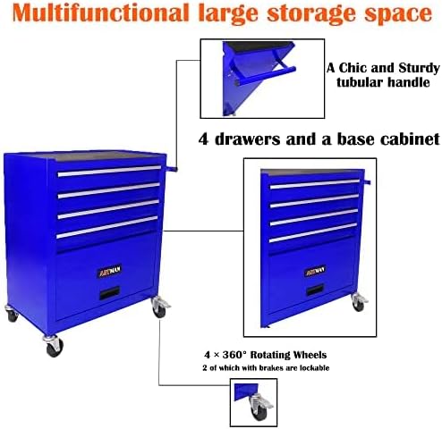 4 Drawers Tool Cart on Wheels,Rolling Tool Box Tool Storage， Drawers Rolling Organizer Tool Case for Garage, Warehouse, Workshop, Repair Shop (4 Drawers(Blue))