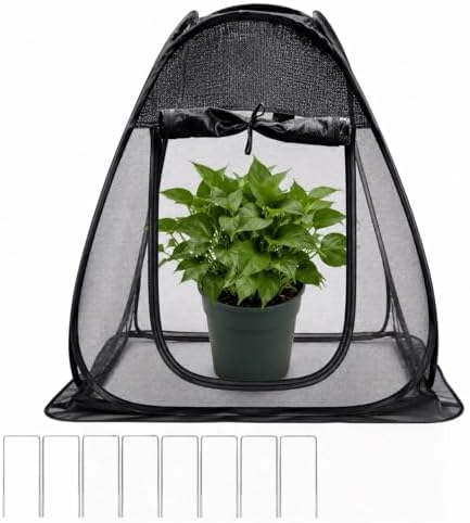 1PC Pop up Plant Shade Tent（28 x 28 x 32 in-50% Shade Mesh Plant Cover with 8 U-Shaped Stakes for Outdoor Plants, Pop up Gardening Net Cover with Zipper Door, Guard Cover for Potted Plants