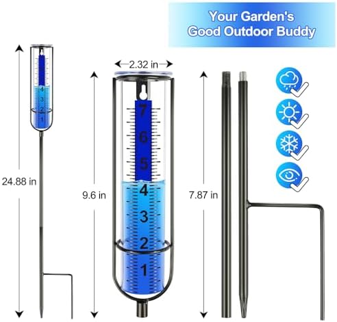 Uponer Rain Gauge Outdoor, 3rd Upgraded Freeze Proof Rain Gauge with Thicken Plastic, Large Numbers, 7" Rain Gauge Outdoor Best Rated, Adjustable Height with Stake, Measures Yard, Garden, Lawn, Patio