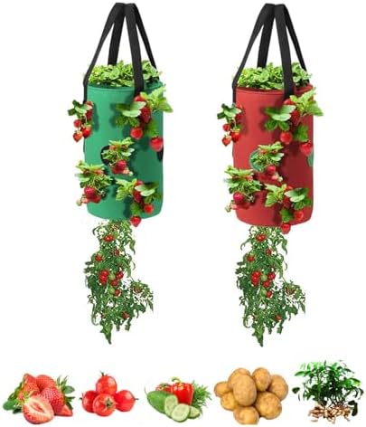 Upside Down Tomato Planter-3 Gallon Hanging Strawberry Planter Durable Aeration Fabric Grow Bags for Vegetables (Set of 2- Red and Green)