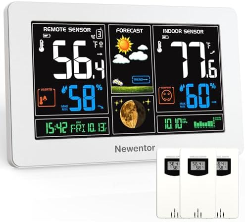 Newentor Weather Station Wireless Indoor Outdoor Thermometer, White,3Sensor