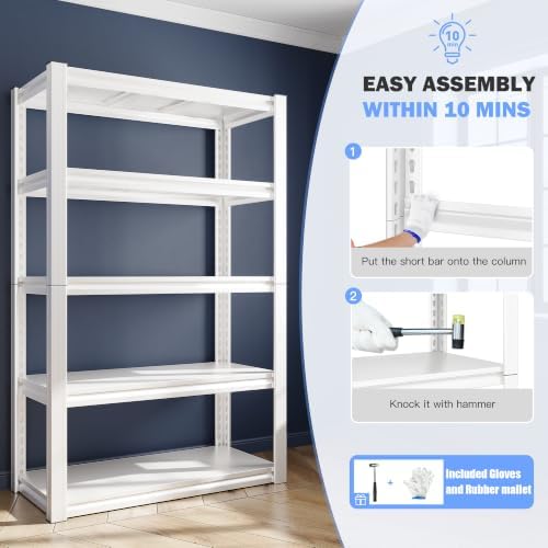 Raybee Storage Shelves, 2000LBS Garage Shelving,White Metal Shelves, 5 Tier Adjustable Heavy Duty Shelving for Pantry Kitchen Closet Basement Warehouse 16.5" D x 32" W x 63" H