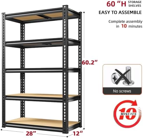 Storage Shelves Garage Shelving Unit Heavy Duty,Metal Racks for Stoage 60 inchs,5 Tier Garage Organization, Adjustable Steel Rack for Closet, Pantry, Warehouse,2000LB