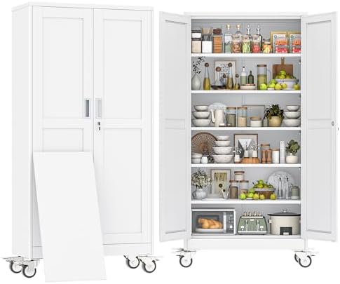 74" H Metal Pantry Storage Locker Cabinet with Wheels,Rolling Kitchen Pantry Cabinet with 2 Doors and 5 Adjustable Shelves, Lockable Steel Garage Tool Cabinet Organization for Home,Gym,School,White