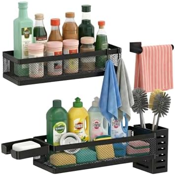 PUSDON 5-in-1 Wide Wall Mount Wrapped Mesh Kitchen Organizer & Shower Caddy Kit, with Paper Towel Holder, Utensil Holder, Soap Dish, Heavy Duty 50LBS - Matte Black, Netting