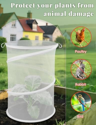 4 Pack Pop Up Plant Covers Tent from Animals, 20" H X 13" Garden Mesh Plant Cover, Outdoor Mesh Plant Enclosure for Pests, Bird and Pest Protection Guard for Plants, with Stakes and Labels (White)