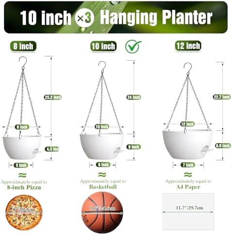 10 Inch Self-Watering Hanging Planters Set of 3 with Saucers