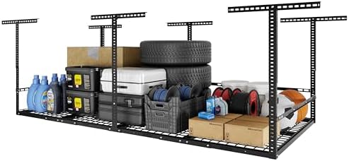 FLEXIMOUNTS 4x8ft Overhead Garage Storage Rack with Safety Rails, Black