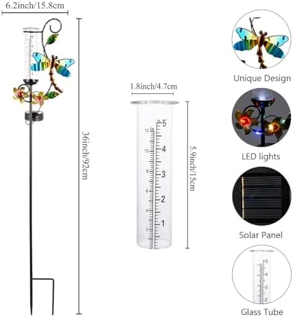 Stargarden Rain Gauge Outdoor, Metal Dragonfly Rain Gauge with 5 inch Glass Tube
