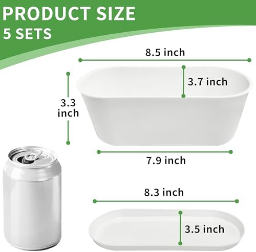 5 Set Window Herb Planter Box Rectangular,8.5x3.5 Inch White Plastic Planters with Multiple Drainage Holes and Trays,Indoor Succulent Cactus Mint Flower Pot for Windowsill,Garden Balcony