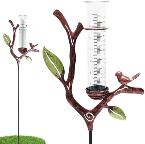 Outdoor Rain Gauge with Metal Branch Stake - 7" Freeze-Proof Water Measuring Tube - Metal Rain Measure Tool - Gardening Gifts for Women - Decorative Rainfall Tracker for Garden Yard & Lawn Decor
