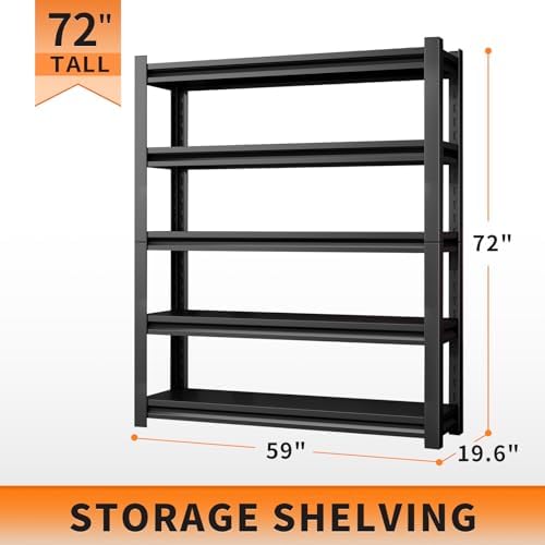 72" H Adjustable Garage Shelving 2500LBS Storage Shelves 5-Tier Heavy Duty Metal Shelves Organization Utility Industrial Shelves Rack for Garage Warehouse Pantry Basement,Black (19.6" D×59" W×72" H)
