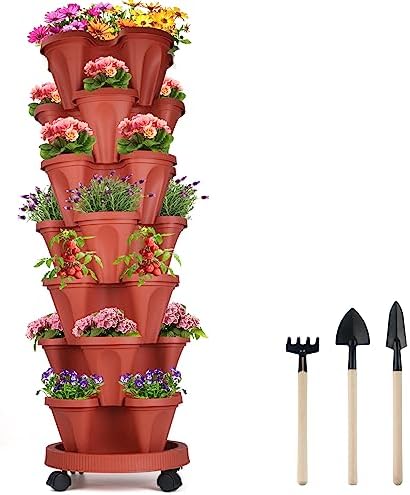 DUNCHATY Stackable Planters 7 Tier Vertical Garden Planting Tower Planters Strawberry, Herb, Flower, and Vegetable Planter Indoor Outdoor Gardening Pots with Removable Wheels and Tools