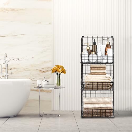 PUPPYCUTE Stackable Wire Storage Baskets for Kitchen Closet Pantry, Hanging Closet Organizers Storage Shelves Organization, Wall Mount Metal Basket Bins, Clothing Vegetable & Fruit Organizer 5 pcs