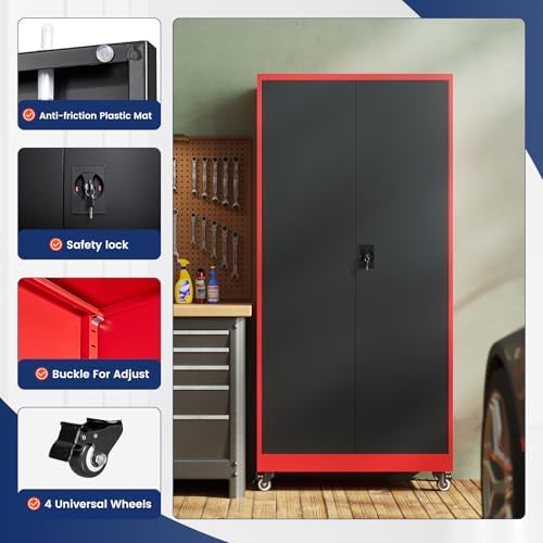 Yizosh Metal Garage Storage Cabinet with Locking Doors and Adjustable Shelves,- 75" Rolling Steel Tool Cabinet for Home Office,Garage,Warehouse