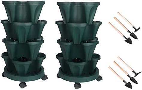 GameXcel Vertical Planter Tower - 4 Tier Stackable Garden Planters with Wheels and Tools Plant Pots for Strawberry Herb Flower and Vegetable Indoor Outdoor Use Green 2 Pack