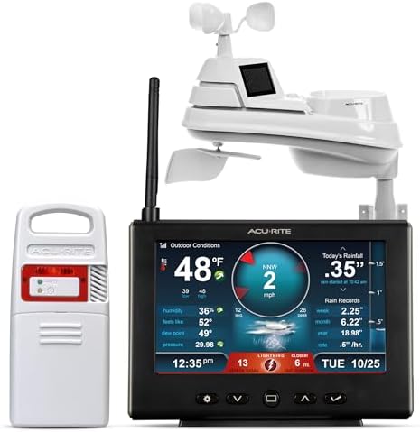AcuRite Iris (5-in-1) Weather Station for Indoor/Outdoor Temperature and Humidity, Wind Speed/Direction, and Rainfall with High-Definition Display, Lightning Detection, and Built-In Barometer (01024M)