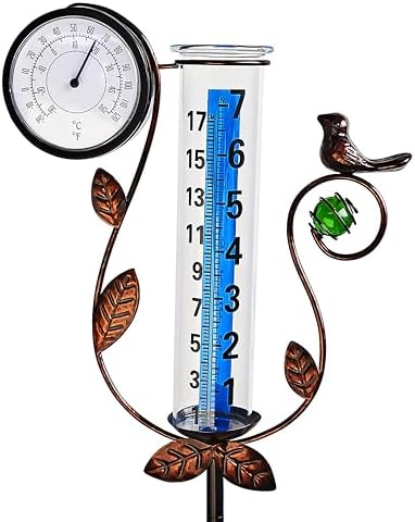 JOYBEE Bird Rain Gauge with Thermometer Garden Decor, Accurate Rain Gauges Outdoors，Rain Gauge for Yard with Stake, Decorative Rain Measure Gauge for Garden, Deck, Lawn with Large Numbers