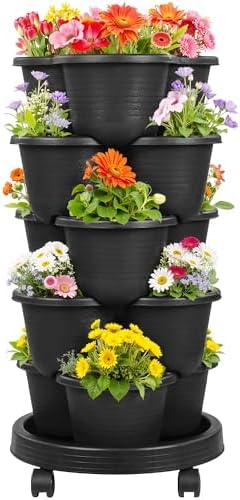 VECELO 5 Tier Vertical Garden Planter, Self Watering Stackable Planters with Wheels for Strawberries, Herbs, Flowers, Vegetables, Black
