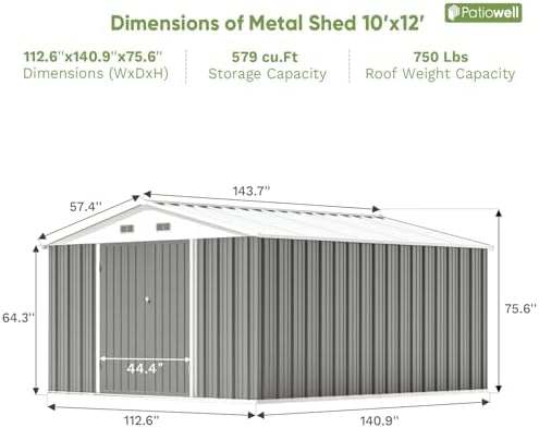 Patiowell 10x12 FT Metal Outdoor Storage Shed, Gray