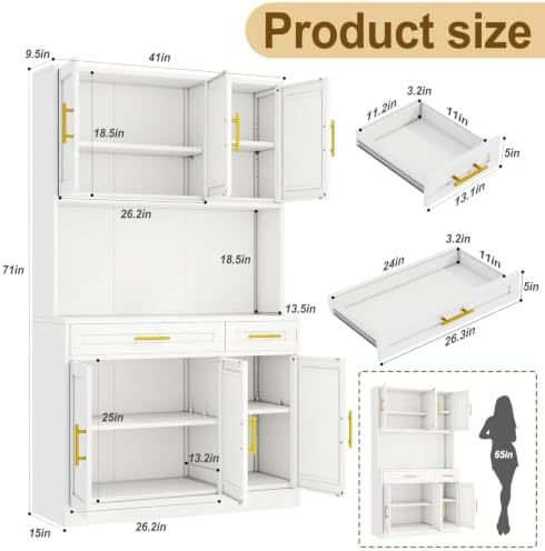 71"Large Metal Pantry Storage Cabinet with 2 Drawers,Farmhouse Wide Kitchen Pantry Storage with Adjustable Shelves,Tall Kitchen Hutch with Countertop for Dining Room and Living Room,Home Office,White