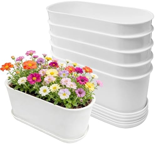 5-Pack White Herb Planter Box with Drip Trays, 8.5 Inch Small Oval Window Planters for Kitchen Sill, Indoor Outdoor, Perfect for Basil, Mint, Succulents, Flowers