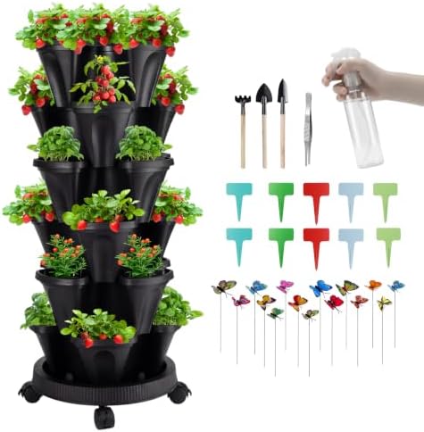GameXcel Vertical Planter Tower - 6 Tier Stackable Garden Planters with Wheels and Garden Tool Set Plant Pots for Strawberry Herb Flower and Vegetable Indoor Outdoor Use Black