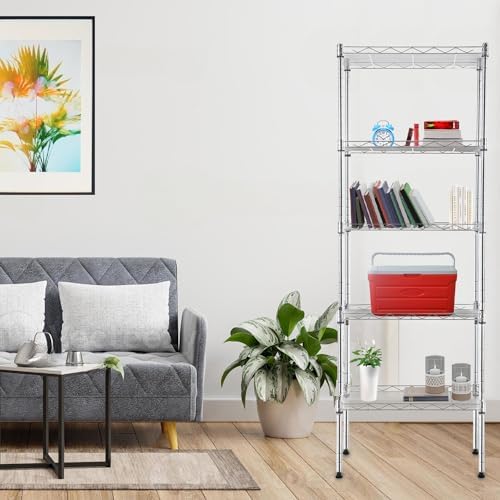 PayLessHere | 5-Tier Wire Shelf | 17"x12"x48" | Chrome | Adjustable Racks | Heavy-Duty Storage Shelves, Holds Upto 750 lbs | Rust-Resistant, No-Tool Assembly | for Home, Garage Shelving