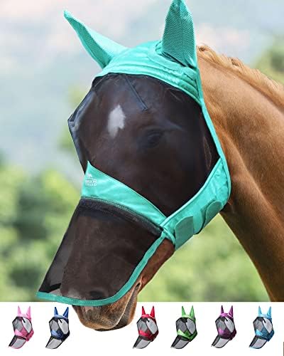 Harrison Howard CareMaster Pro Luminous Horse Fly Mask Large Eye Space Long Nose with Ears UV Protection for Horse Summer Mint XL Extra Full