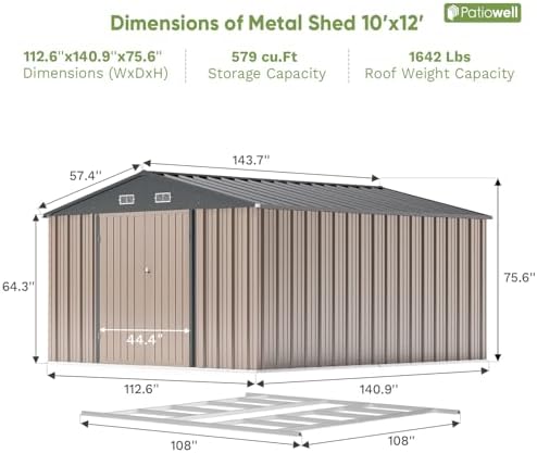 Patiowell 10 x 12 FT Metal Storage Shed for Outdoor with Floor Frame, Steel Yard Shed with Design of Lockable Doors, Utility and Tool Storage for Garden, Backyard, Patio, Outside use,Brown