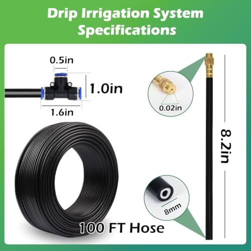 Drip Irrigation System Kit 100 FT with 32 Nozzles, 360° Adjustable Bendable Garden Watering Misting System for Greenhouse, Yard, Lawn, Plant, Garden, 5/16 inch Hose (OD: 8mm)